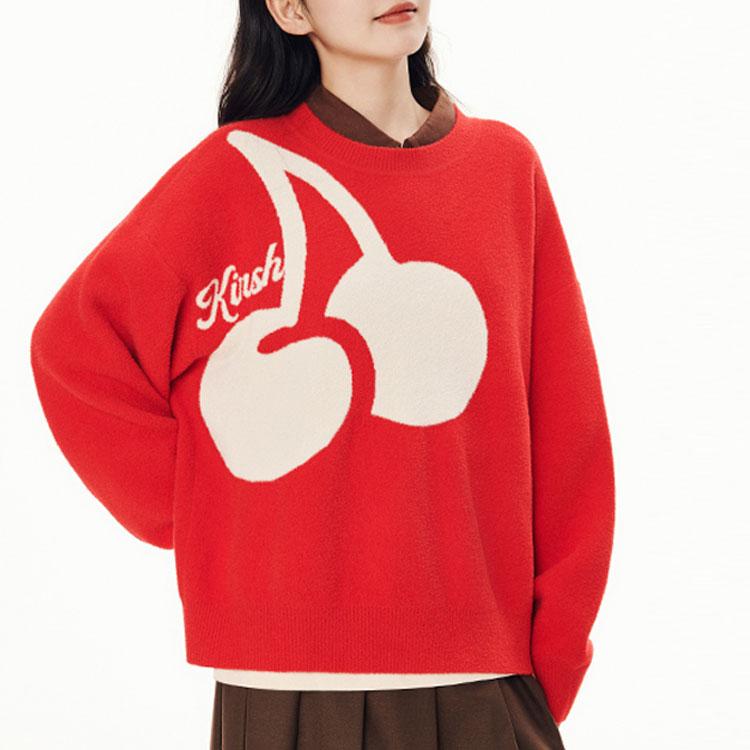 Anta X Kirsh Collaboration Cherry Letter Long Sleeve Pullover Sweatshirt Women Sweatshirt Deep-Red 962348725-4
