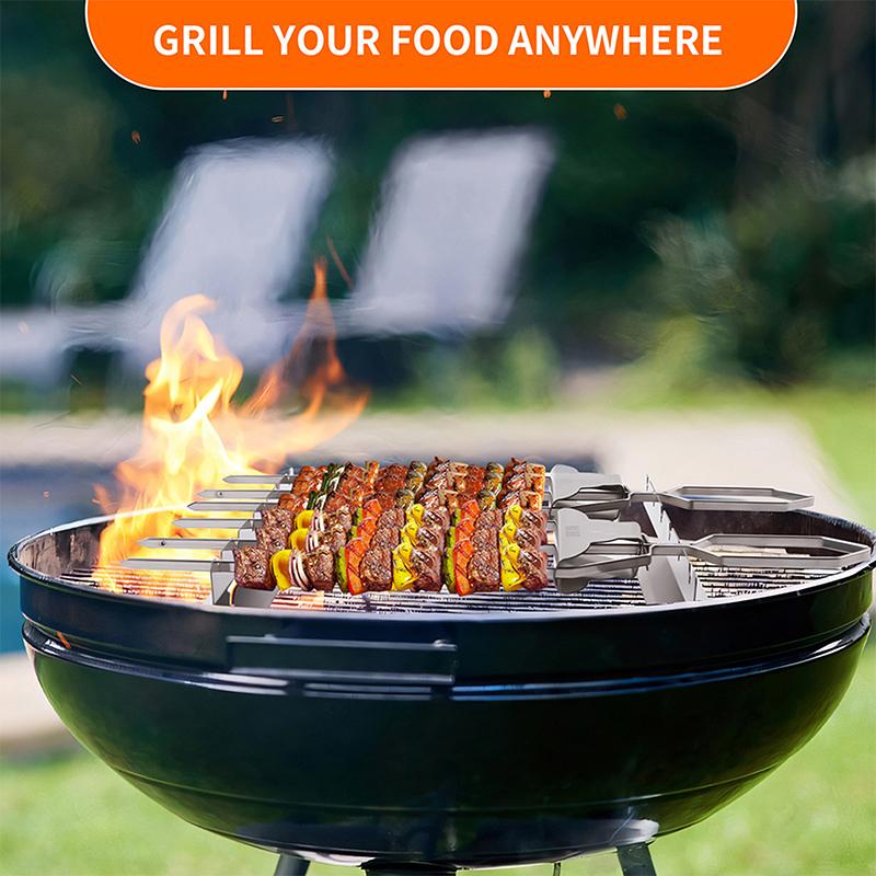2 Pcs Skewer Holder Anti-Slip Groove Stainless Steel Heavy Duty Long Bbq Tools Barbecue Grilling Shish Kabob Rack Outdoor Tools