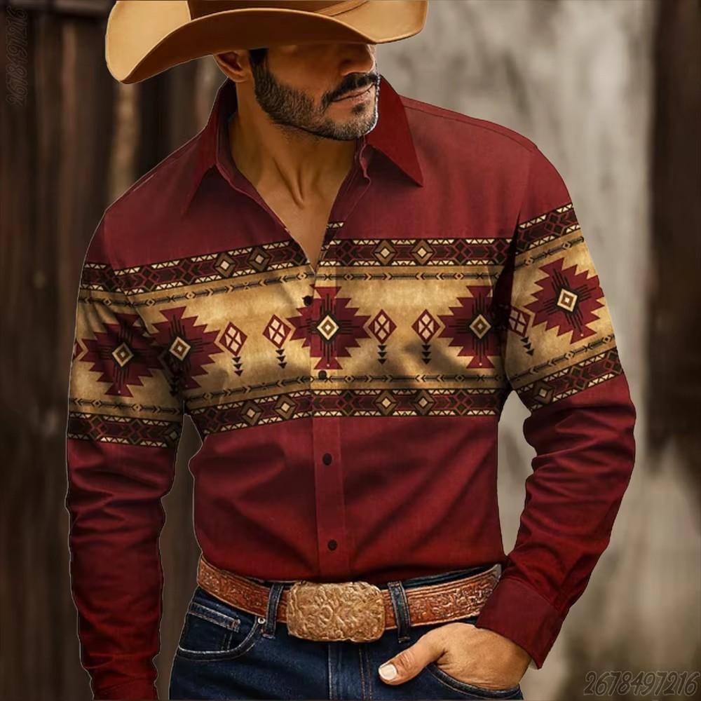 Autumn Winter New Men Clothes Ethnic Tribal Style 3D Digital Print Long Sleeve Shirt Tops Men Lapel Shirt