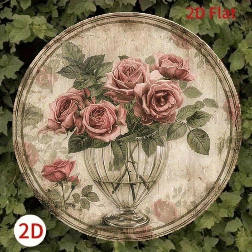 1pc Vintage Rose Bouquet Vase Round Metal Sign 2D Foil Engraving Art Plaque Home Cafe Garden Decor
