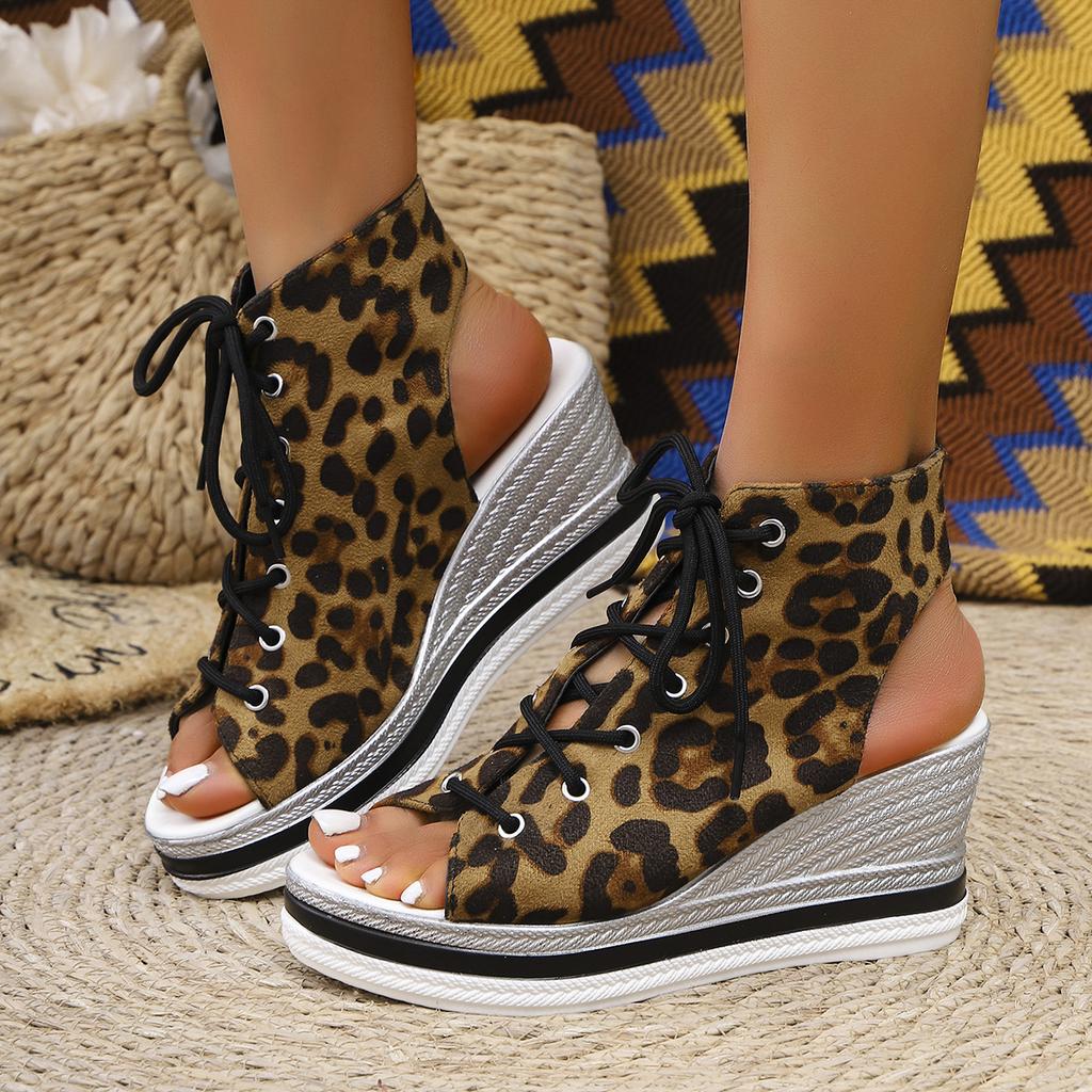 Fashion Casual Canvas Lace Up Peep Toe Sandals Women 2025 Summer Sexy Chunky Platform Wedge Heel Sandals Fashion High Heel Ankle Shoes