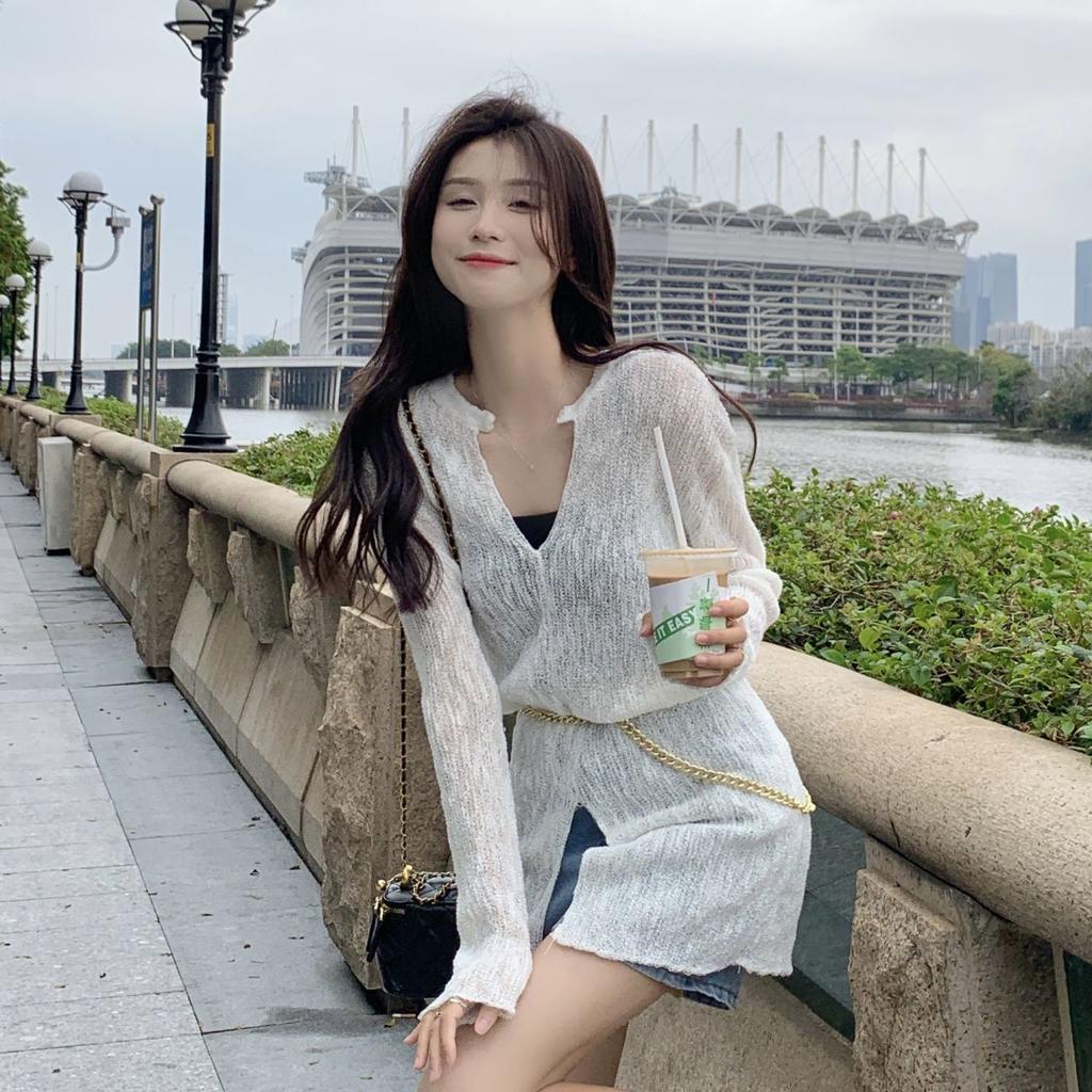 Medium To Long V-neck Knitted Top for Women, Versatile for Spring and Summer, Thin for Outdoor Wear, Sun Protection and Air Conditioning Cover