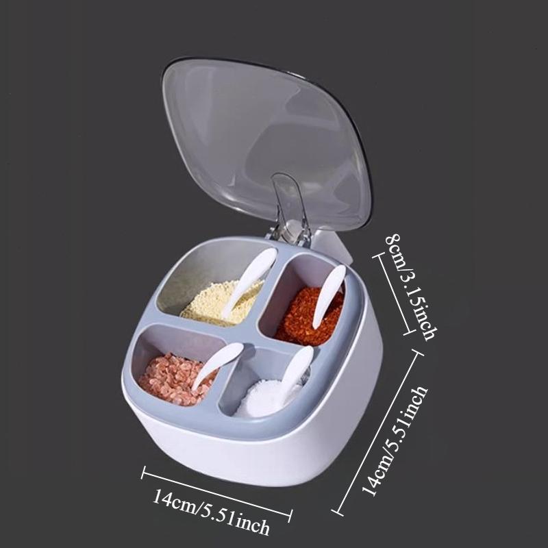 1pc Seasoning Box Spice Jar with Spoon Four-Compartment Transparent Flip-top for Storing Seasonings and Spices