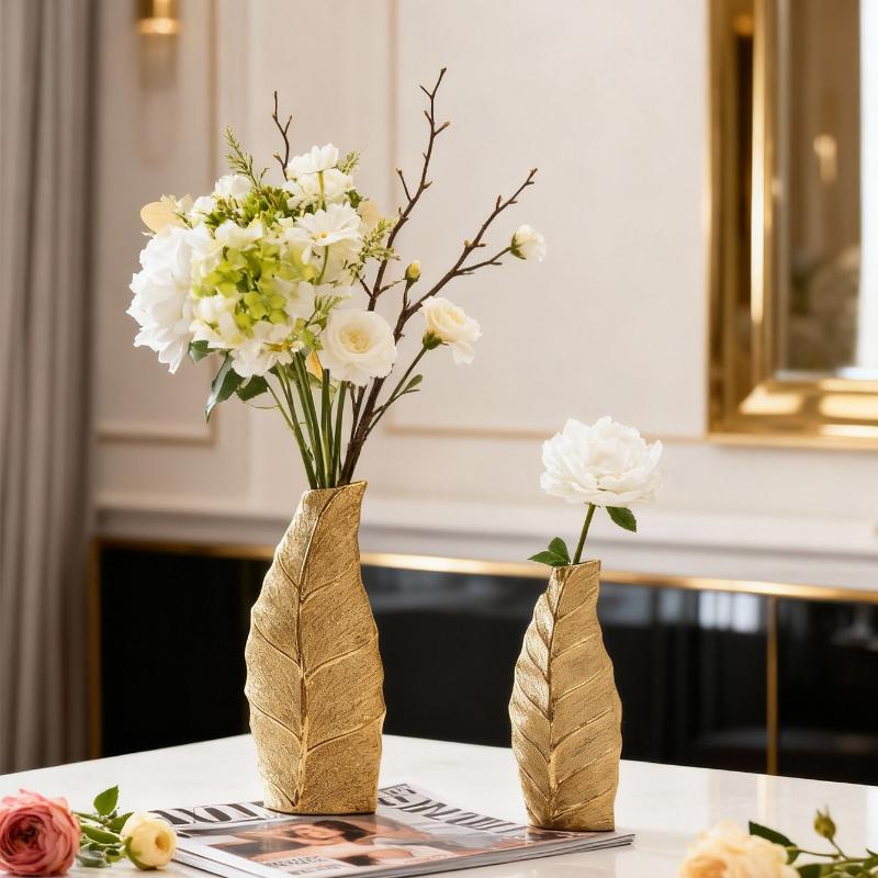 Goldene Blattvase Europäischer Stil Heimdekoration Keramikvase Wohnzimmer Eingangsbereich Handwerk Dekoratives Ornament Blumenhalter