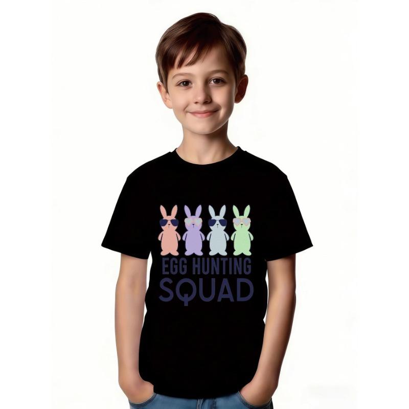 European Size Childrens Crew Neck Short Sleeved T Shirt with Bunny and Egg Hunt Team Pattern