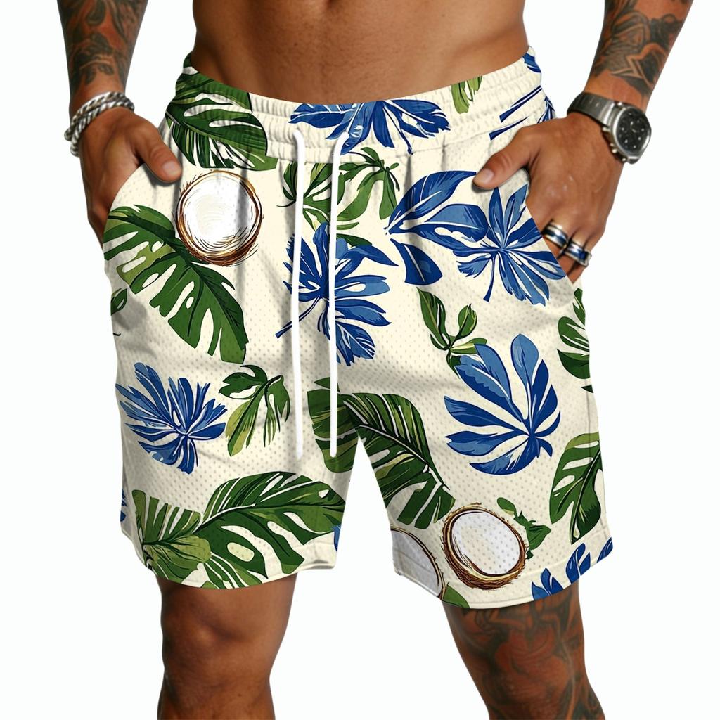 Herren Freizeitshorts mit Kordelzug Leicht Schnelltrocknend Innenbeinlänge Fünf Zoll Hawaiianischer Print Strand Badeshorts mit Taschen