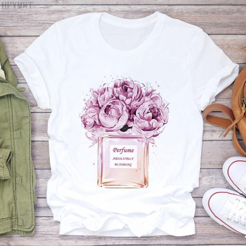 Watercolor Floral Hot Air Balloon Perfume Bottle Print Womens TShirt Casual Short Sleeve Top For Fashion Art Enthusiasts