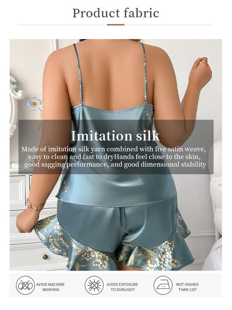 Plus Size European & American Ice Silk Print Pajamas - Fashionable Casual Homewear for Women