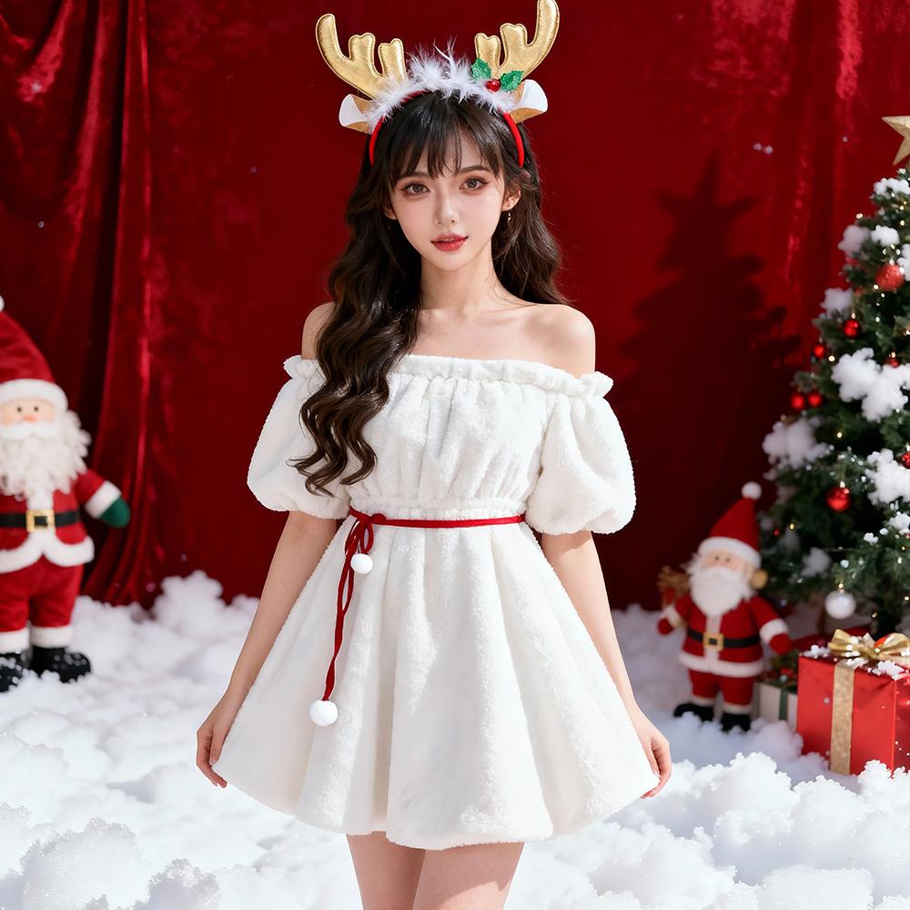 Kerst Rendier Gewei Witte Pluche Off-shoulder Jurk Set, Dames Vakantie Podiumkostuum (Jurk+Haarband+Halsversiering+Handschoenen+Riem)