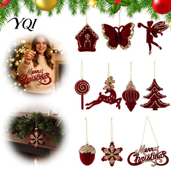 Seasonal Garland Door Decorations Flocked Christmas Ornaments with Gold Edging, Retro Red Velvet Hanging Holiday Tree Decoration, Elk Gingerbread Man