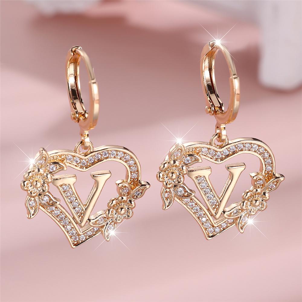 Vintage Hollow Love Heart Flower A-Z 26 Letters Hoop Earrings Yellow Gold Color White Zircon Earring Wedding Jewelry For Women
