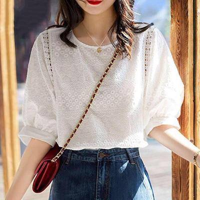 2025 Summer  Korean Fashion Womens Lantern Sleeve Loose Shirts Embroidery Cotton Lace O-neck Casual Blouses Clothes 13440