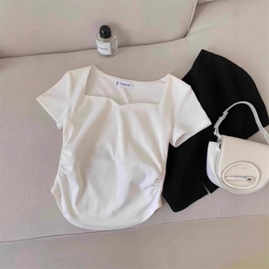 Korean Sweetheart Neckline Cotton T-Shirt - Women's Summer Slim Fit, Y2K Style, Straight Shoulder, Short Sleeve