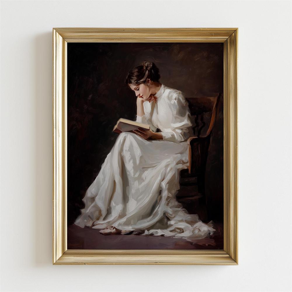 Victorian Woman Reading Art Print Poster Dark Academia Library Decor Elegant Lady With Book Decor Canvas Painting Bedroom Decor