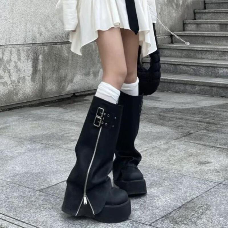 New Ladies Chunky Motorcycle Boots Soft Leather Ankle Mid Calf Boots Autumn High Platform Wedge British Booties Botas Para Mujer