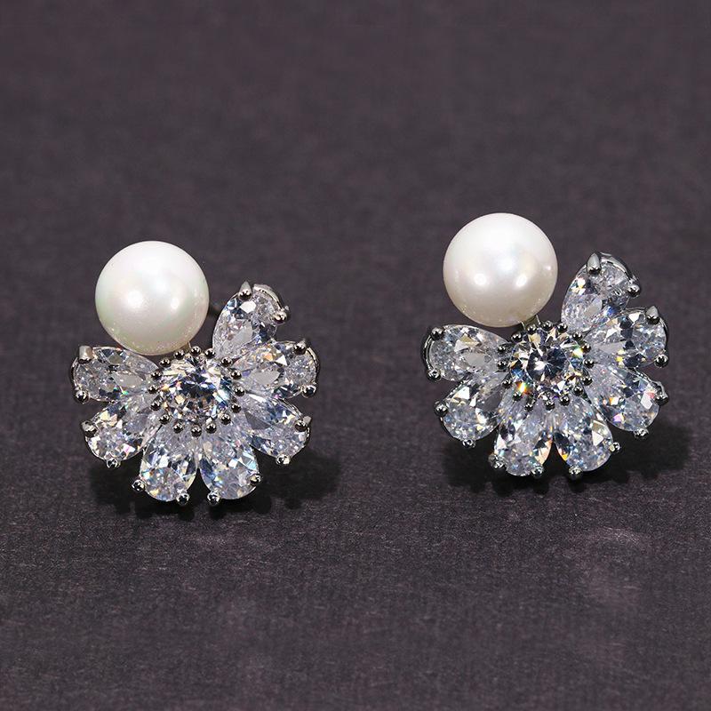 Sterling Silver Temperament Women'S Simple Snowflake Zircon Natural Pearl Stud Earrings Short Small Pearl Earrings Earrings