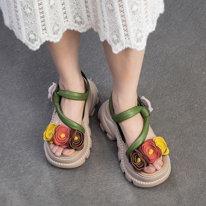 Johnature Retro Flower Peep Toe Platform Sandals Breathable Genuine Leather Versatile Women's Shoes