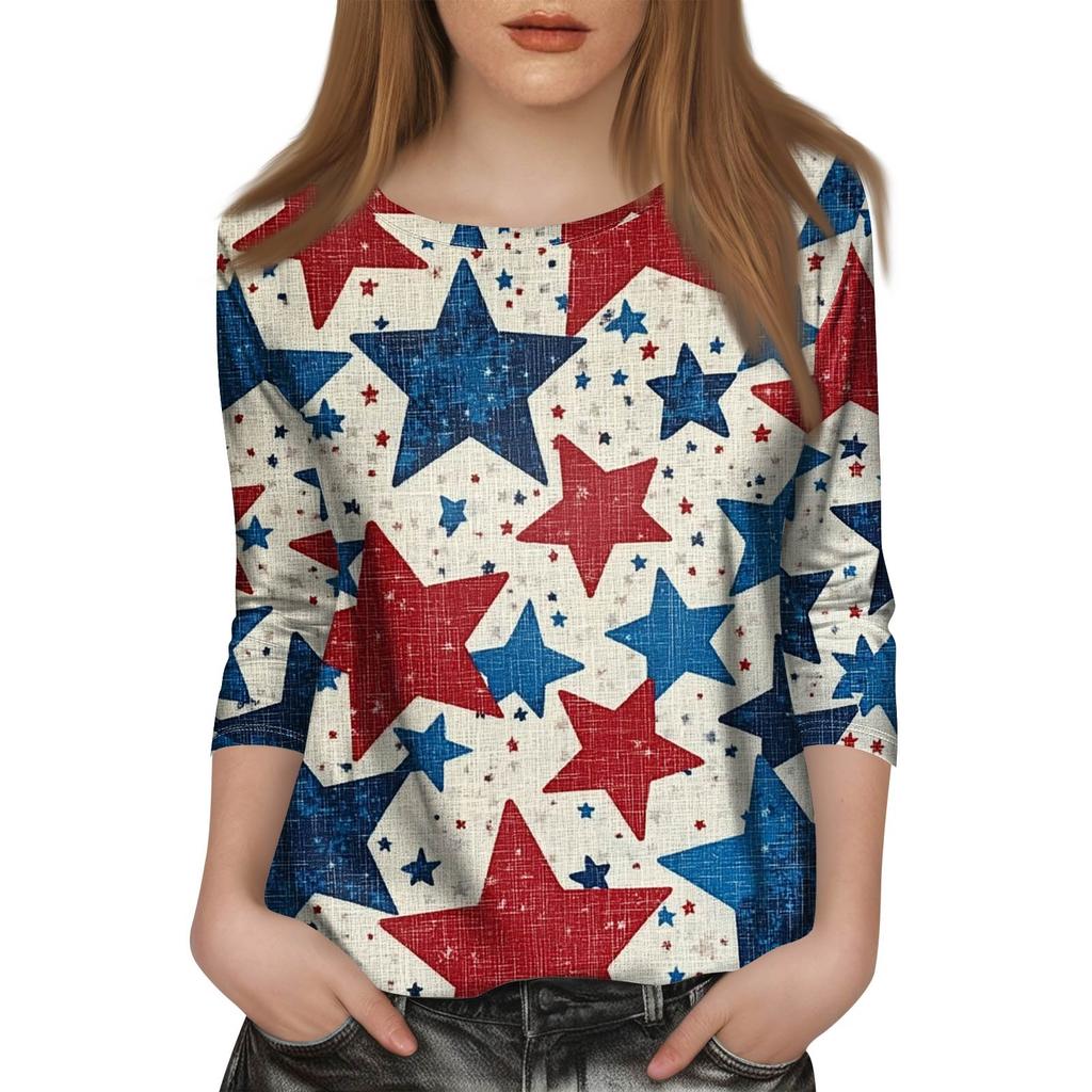 Women's Fashion Casual Seven Sleeve Independence Day Printed Round Neck T-Shirt Top