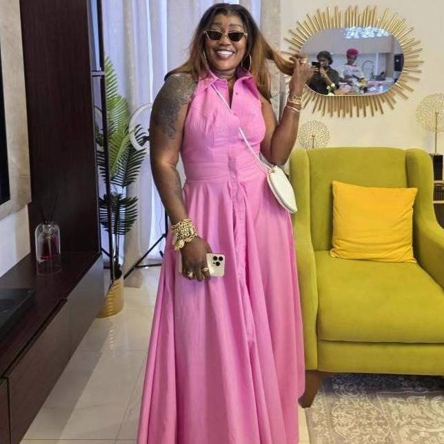 European and American women s sleeveless tank top, lapel and buttoned dress, African high-waisted elegant pink new fashionable long dress S розовый