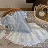 Koreanskt Barnklädesset Sommar Flickor Puffärm Kortärmad T-shirt Barn Spets Kort Kjol Tvådelat Set