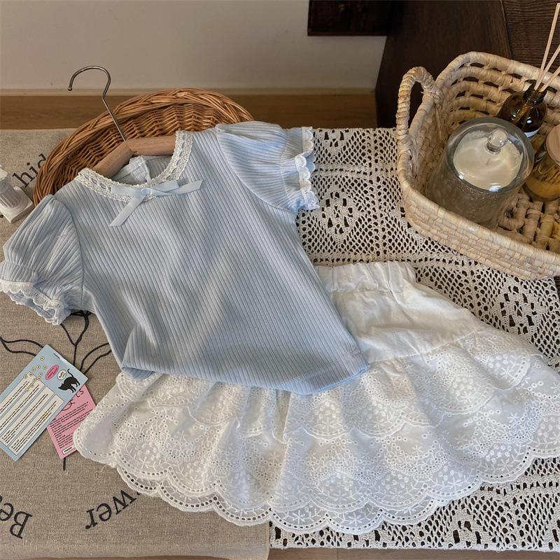 Koreanskt Barnklädesset Sommar Flickor Puffärm Kortärmad T-shirt Barn Spets Kort Kjol Tvådelat Set