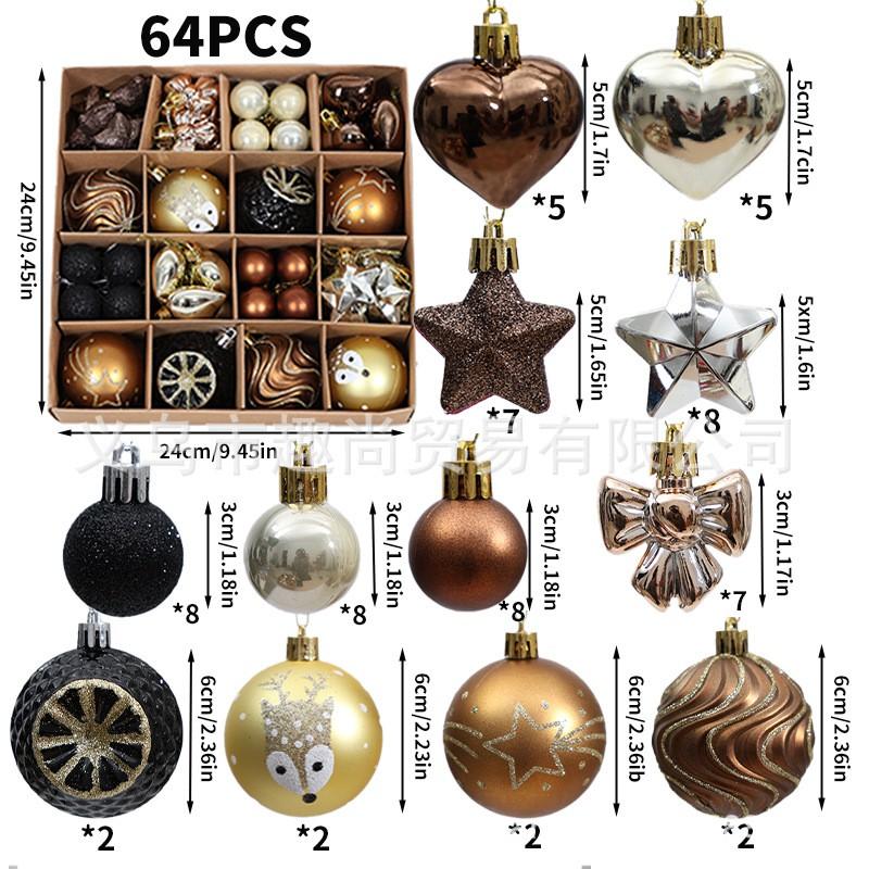 64pcs Christmas Ornament Set - Painted Ball Decorations Tree With Star Heart Bow Design