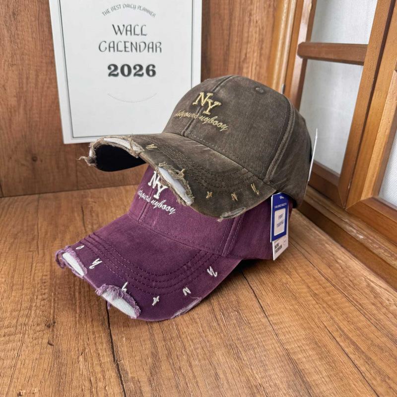 High cranial top plain baseball cap women washed old rough edge NY three-dimensional embroidery baseball cap versatile broken brim sun hat