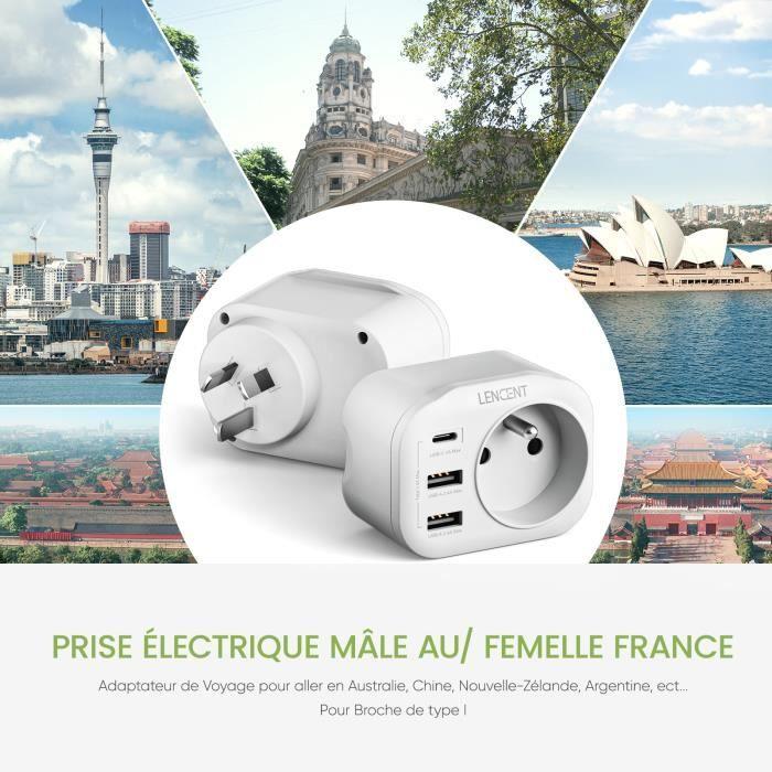 Lencent adaptateur prise australie/chine/argentine/au,4 en 1 -2 usb +1 type-c + 1 ac,pour france vers les pays des prises de type i