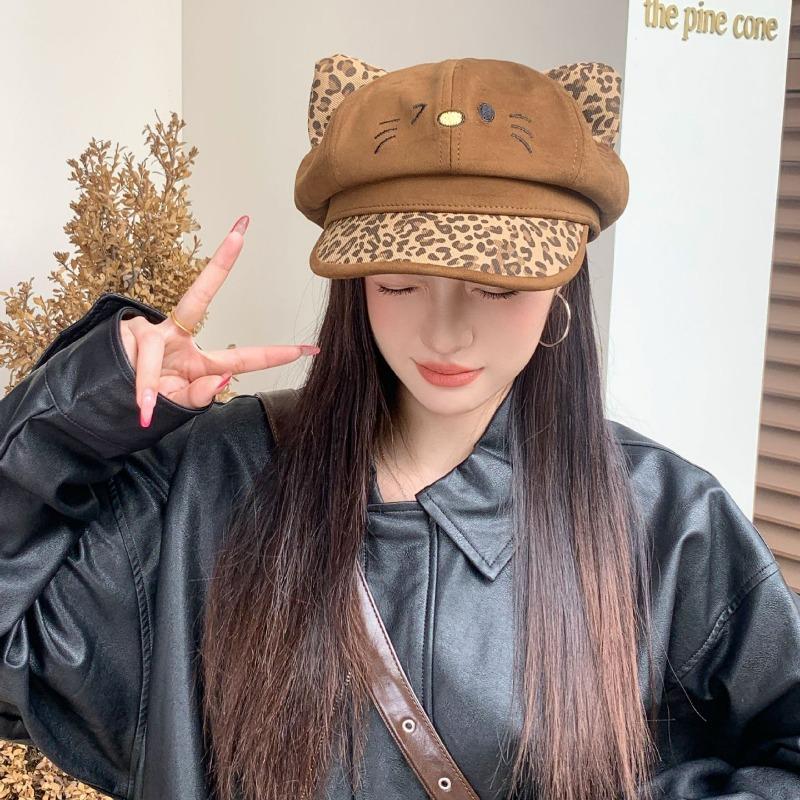 Cute Leopard Print Ears Octagonal Hat For Large Head Size Spring Autumn