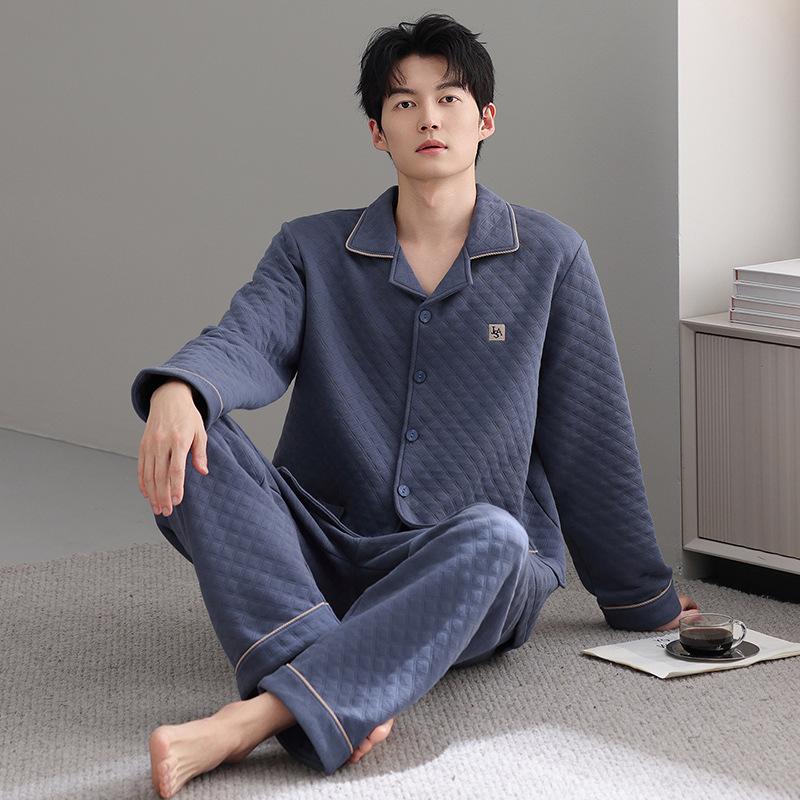 Pajamas Men'S Autumn And Winter Thickened Pure Cotton Long Sleeve Air Cotton Interlayer Homewear Winter Warm Large Size Cotton Set