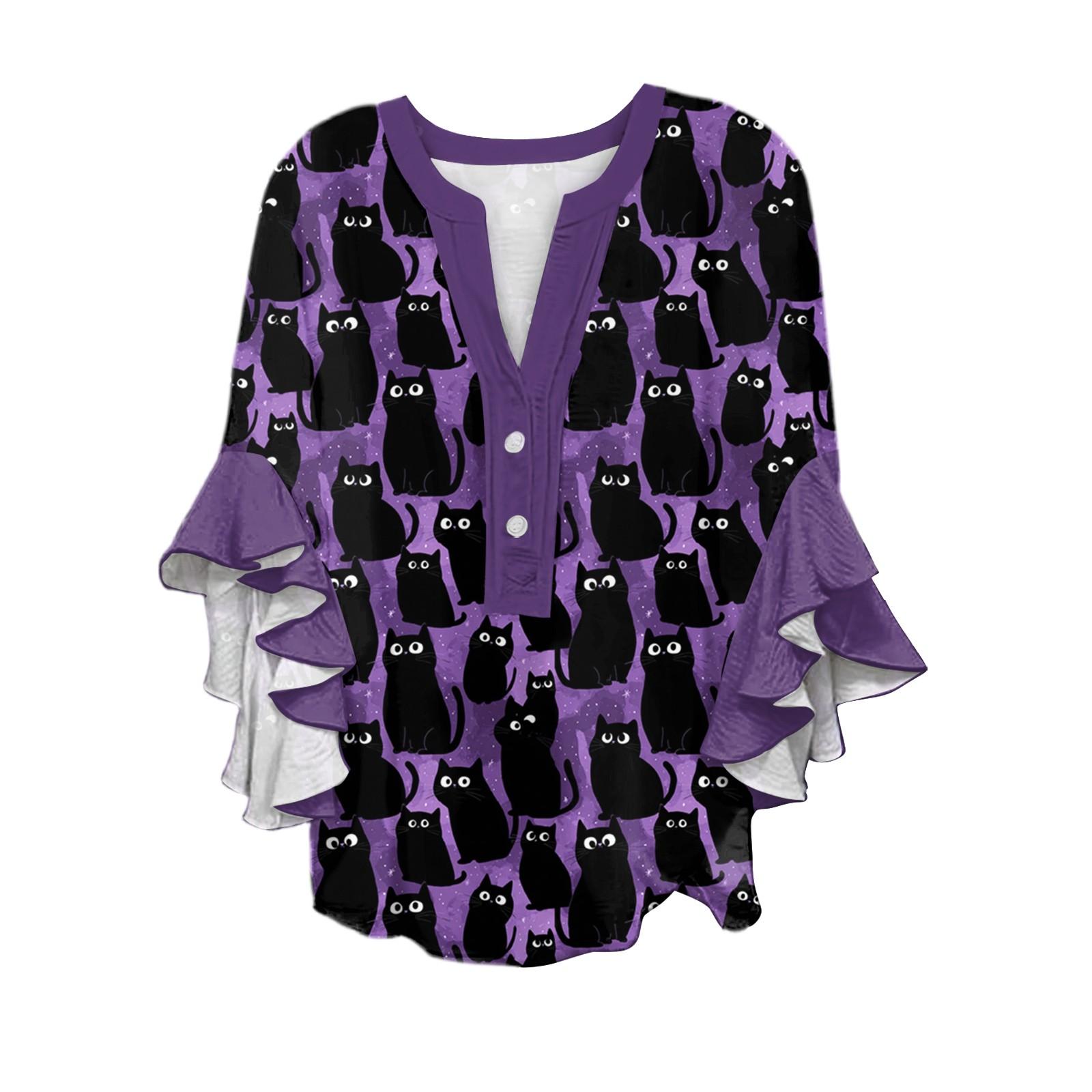 

Women s V-neck Seven Quarter Sleeved Shirt Halloween Printed Top Casual Shirt XXL