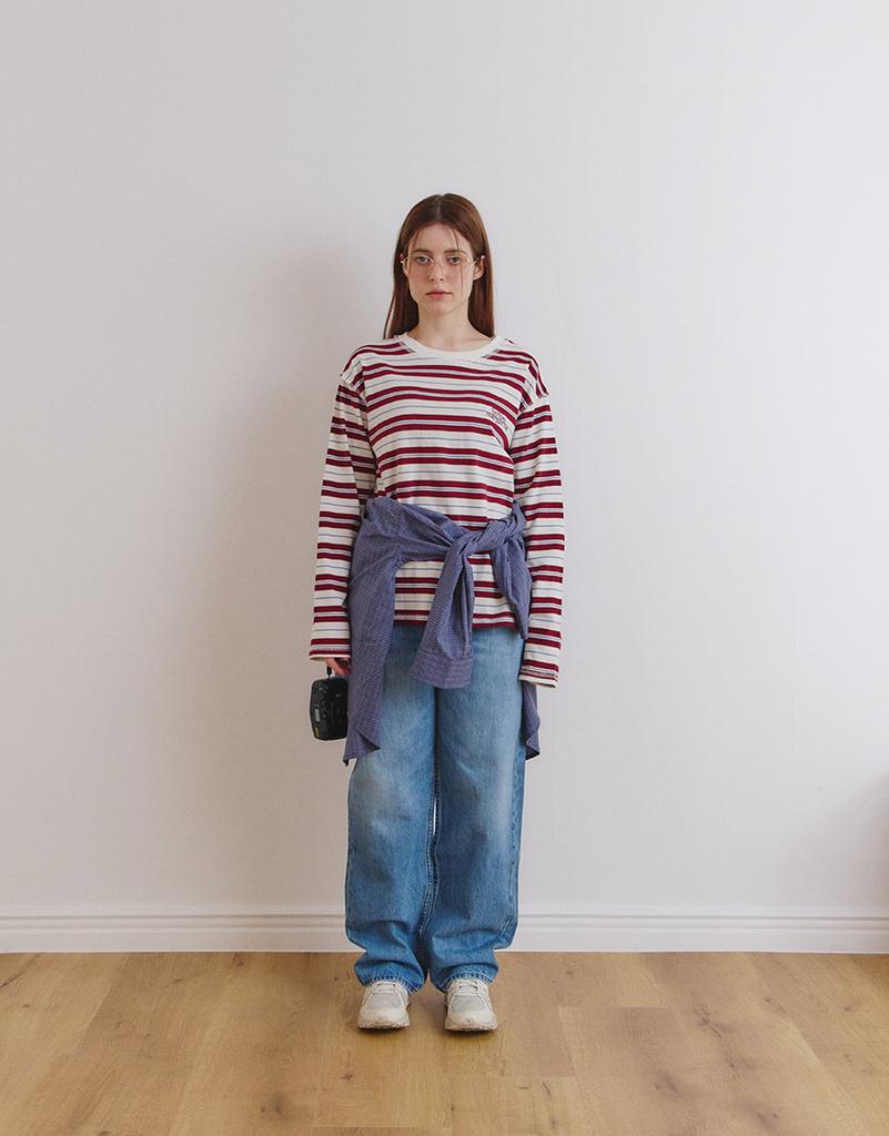 Seuteulaipeumagalin Buff Stripe Overlock Loose Long Sleeve Tee Red