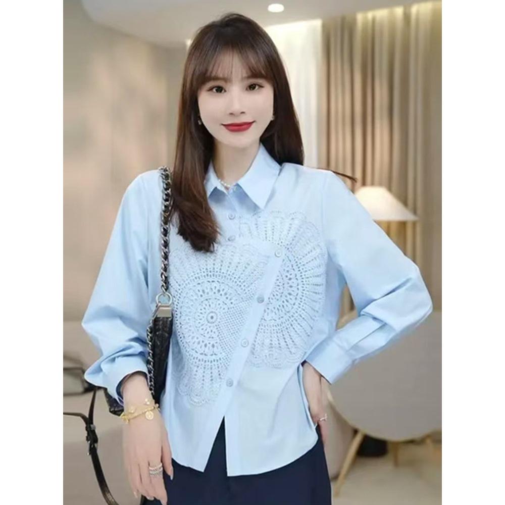 

Petite Women s Long Sleeve Irregular Lace Sunflower Embroidery Blouse M 100-115 lbs