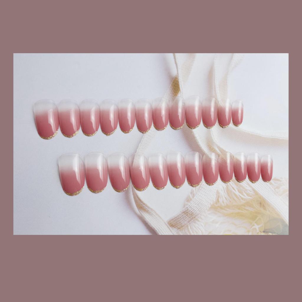 Nude Pink Pointed French Glitter Nail Stickers with Gold Edge - Waterproof and Removable.