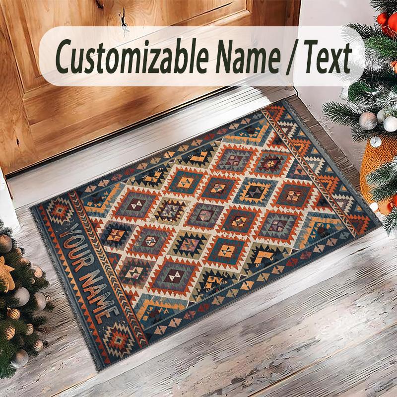 Abstract Geometric Theme Crystal Velvet Rug Personalized Custom Name Text Soft Floor Mat Home Decor