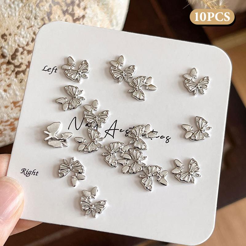 

10 шт. Металеві шарми для нігтів у вигляді подвійних метеликів Золоті/Срібні/Білі Прикраси для нігтів Ювелірні вироби Розкішні 3D аксесуари для нігтів Плоска задня сторона білий
