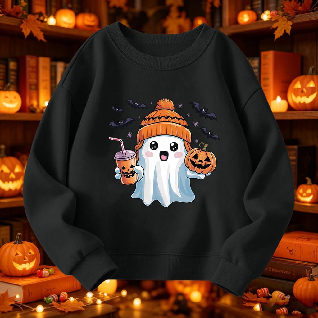 Kids Halloween Printed Long Sleeve Loose Fit Hoodie Pullover for Costume Party