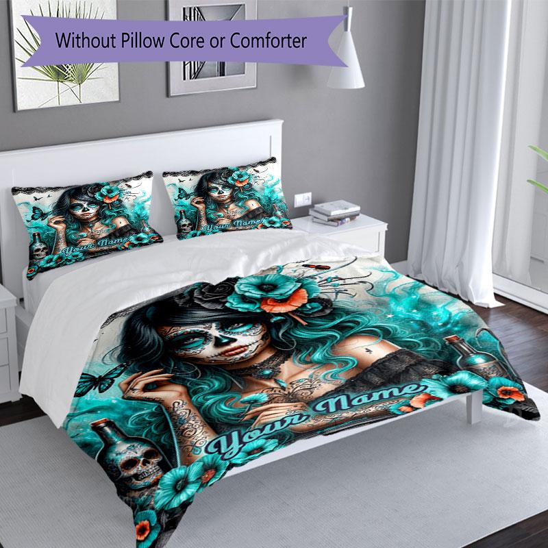 3PC Custom Name Sugar Skull Artwork Bedding Set Duvet Cover Closure Includes 1 Duvet Cover & 2 Pillowcases for Bedroom