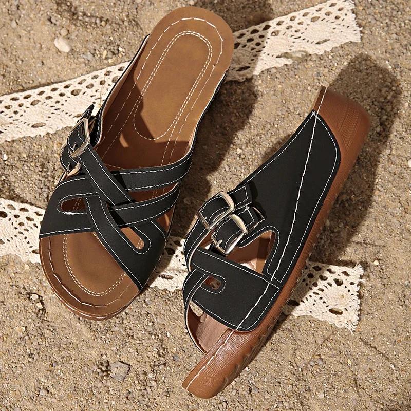 Mode Mode Riemchen-Plateau-Slipper Damen Komfort Doppelschnallen Keilsandalen Frau Sommer 2025 Rutschfest Lässige Strandschuhe