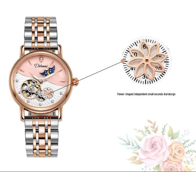 Genuine Automatic Mechanical Waterproof Watch for Women - Trendy Multi-Functional with Day, Date, Month, Year, and Starry Design.
