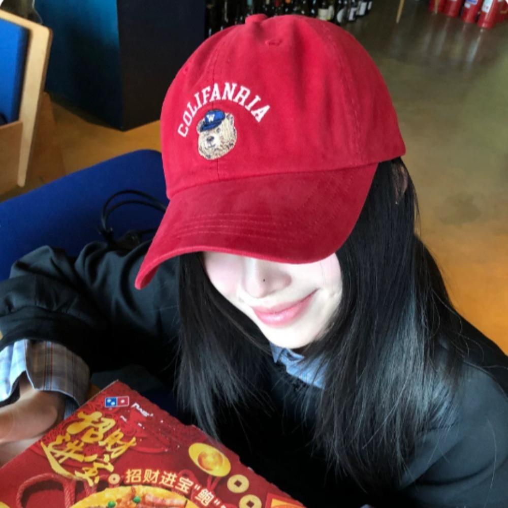 Bear Embroidered Wide Brim Baseball Cap, Face Slim Peaked Hat For Women Adult Korean Style Daily Casual Headwear