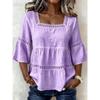 Summer Women's Solid Color Linen Cotton Square Neck Lace Trim 3/4 Sleeve Casual Top