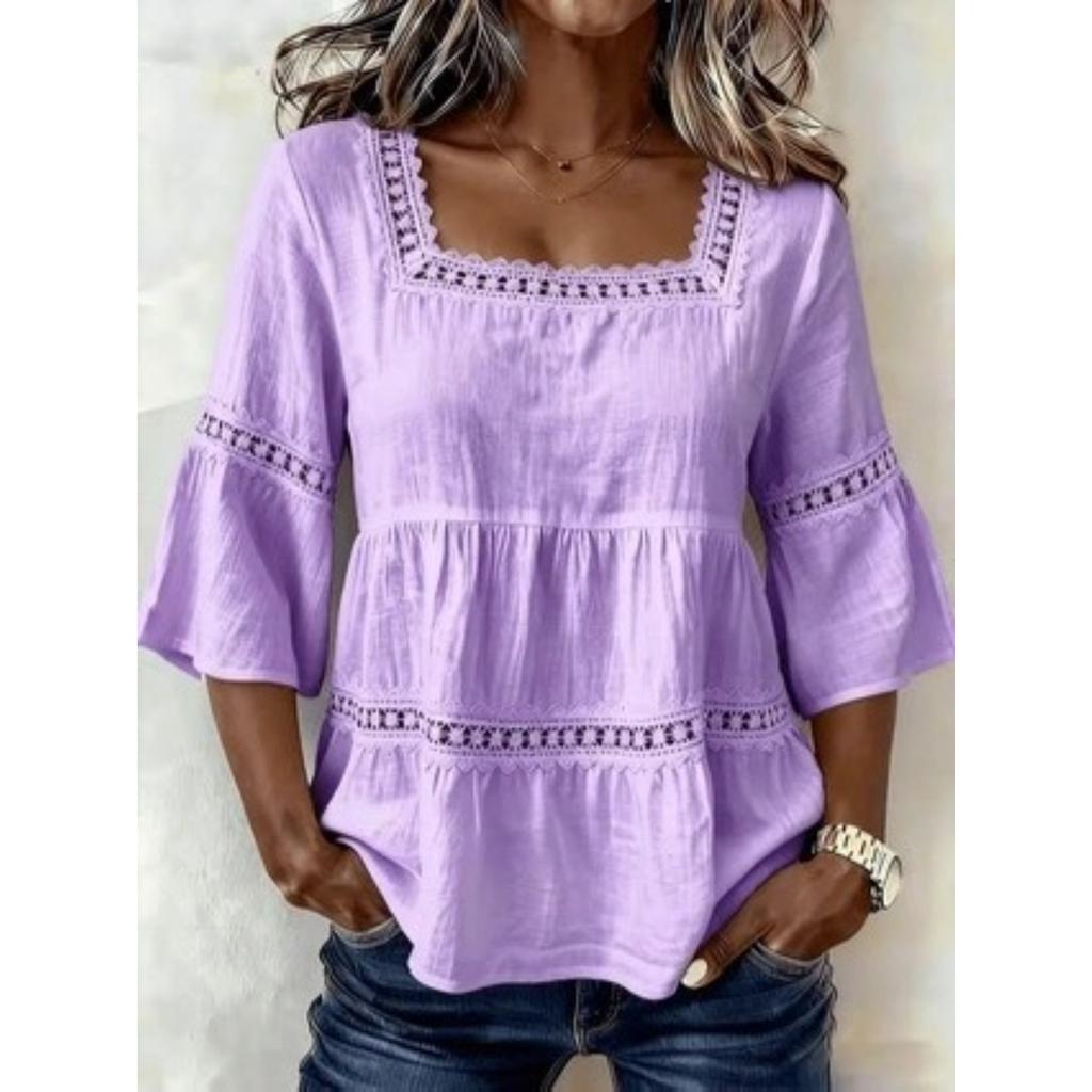 Summer Women's Solid Color Linen Cotton Square Neck Lace Trim 3/4 Sleeve Casual Top