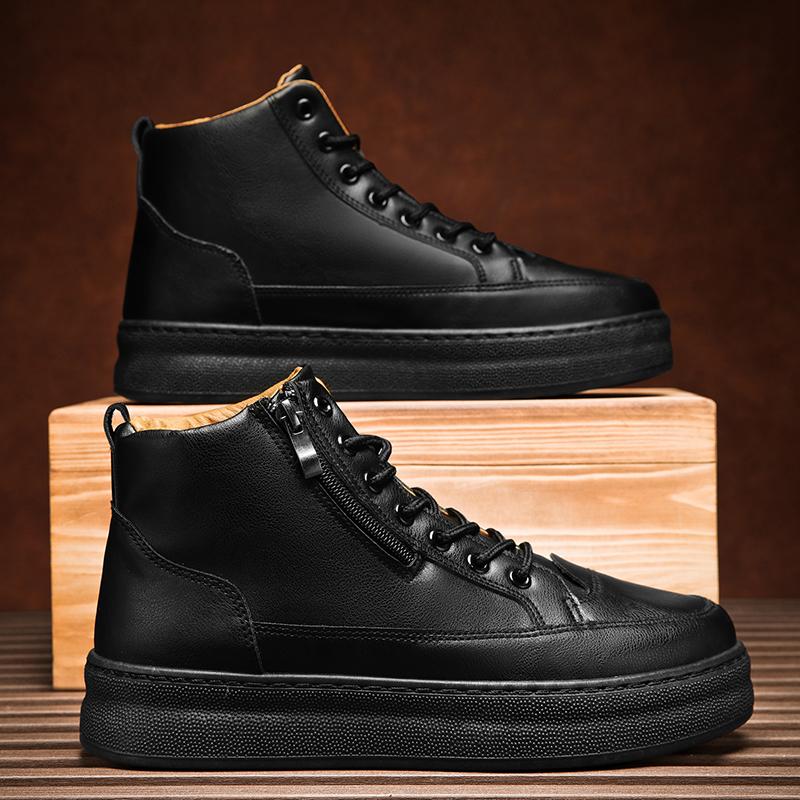 Fashion Leather Boots Man Autumn Biker Boot Explosive Style British Simple Platform Lace-up Zipper Water Proof Hard-wearing Men's Shoes