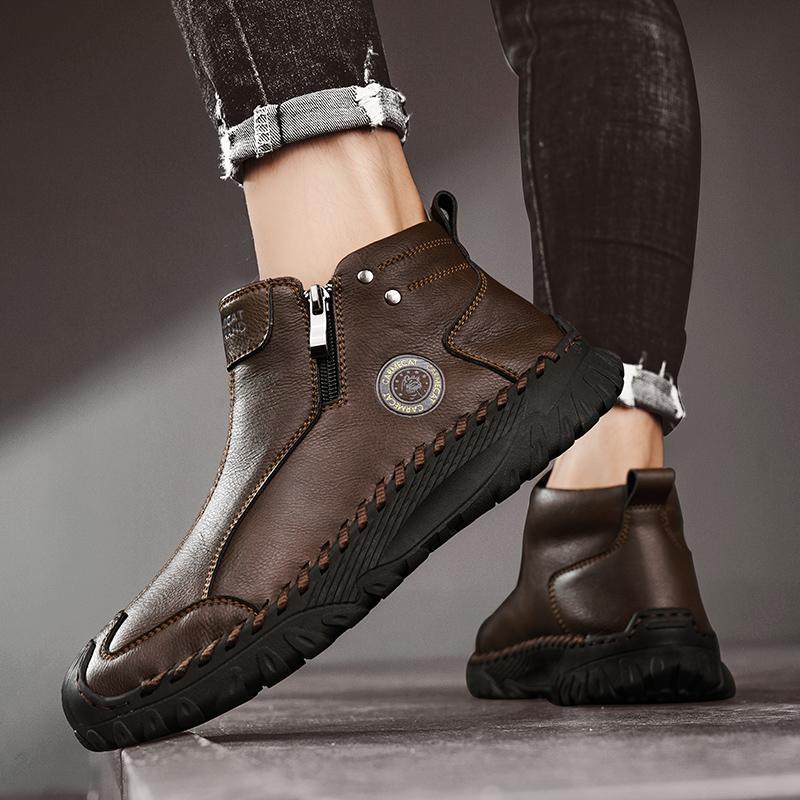 Fashion Natural Cow Leather Men Boots Handmade Retro Genuine Leather Winter Shoes Anti-slip Wear-resistant Comfortable Soft-soled Outdoo