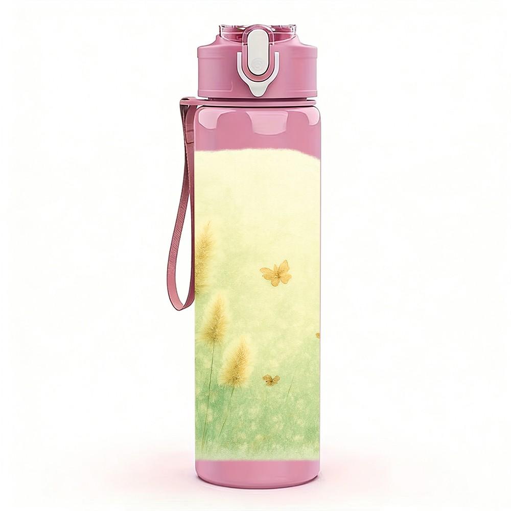 1PC Light Green Wheat Ear Plant Texture Print 750ml Color Plastic Sports Water Bottle Leakproof Flip Straw Lid Suitable for Sports Office Home Use