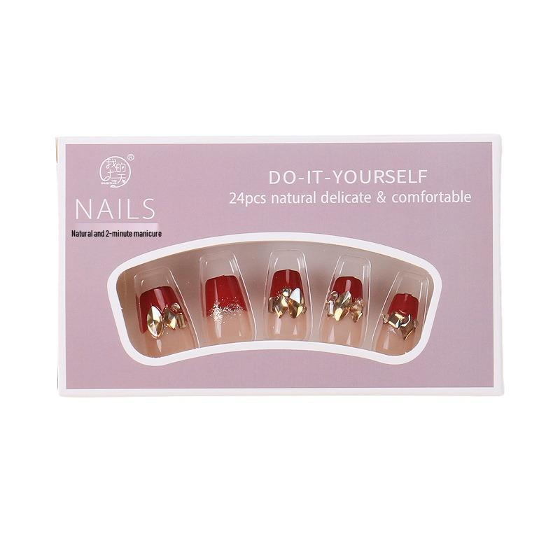 Burgundy Champagne Gel Manicure Wearable False Nails Set - Removable Finished Nail Art Patches and Tips