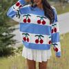 Cherry Jacquard Knit Sweater - Round Neck, Long Sleeve, European & American Style, Loose Fit, 2024 Fashion Trend
