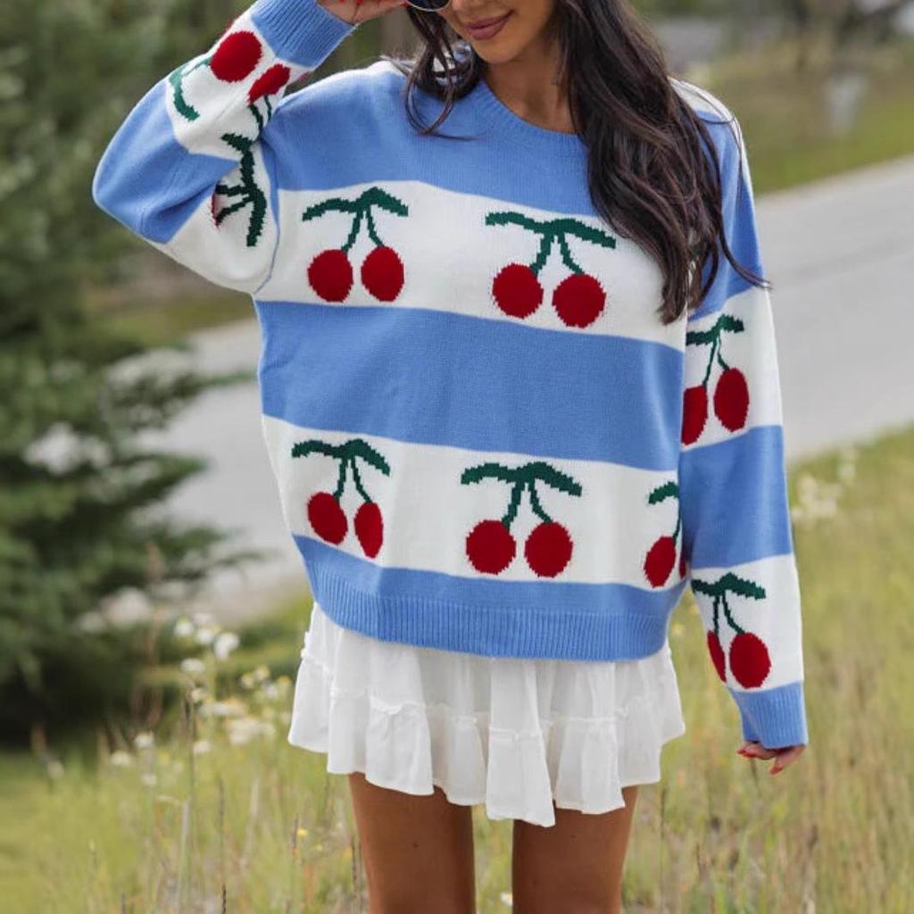 Cherry Jacquard Knit Sweater - Round Neck, Long Sleeve, European & American Style, Loose Fit, 2024 Fashion Trend