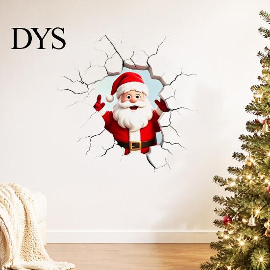 Realistic Christmas Glass Clings 3D Santa Claus Wall Sticker, Breaking Decal for Holiday Decoration, Creative Ornaments Waterproof PVC Art Indoor